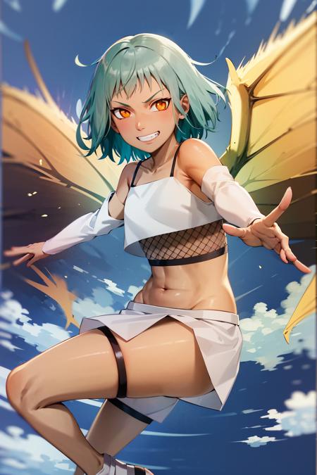 18395-208443350-masterpiece, absurdres ,fuu, 1girl, solo, crop top, midriff, navel, fishnets, skirt, smile, sandals, detached sleeves, groin, gr.png